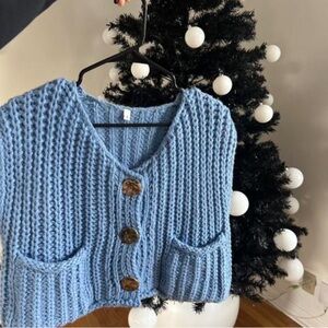 Blue Chunky Knit Sweater with Wooden Buttons